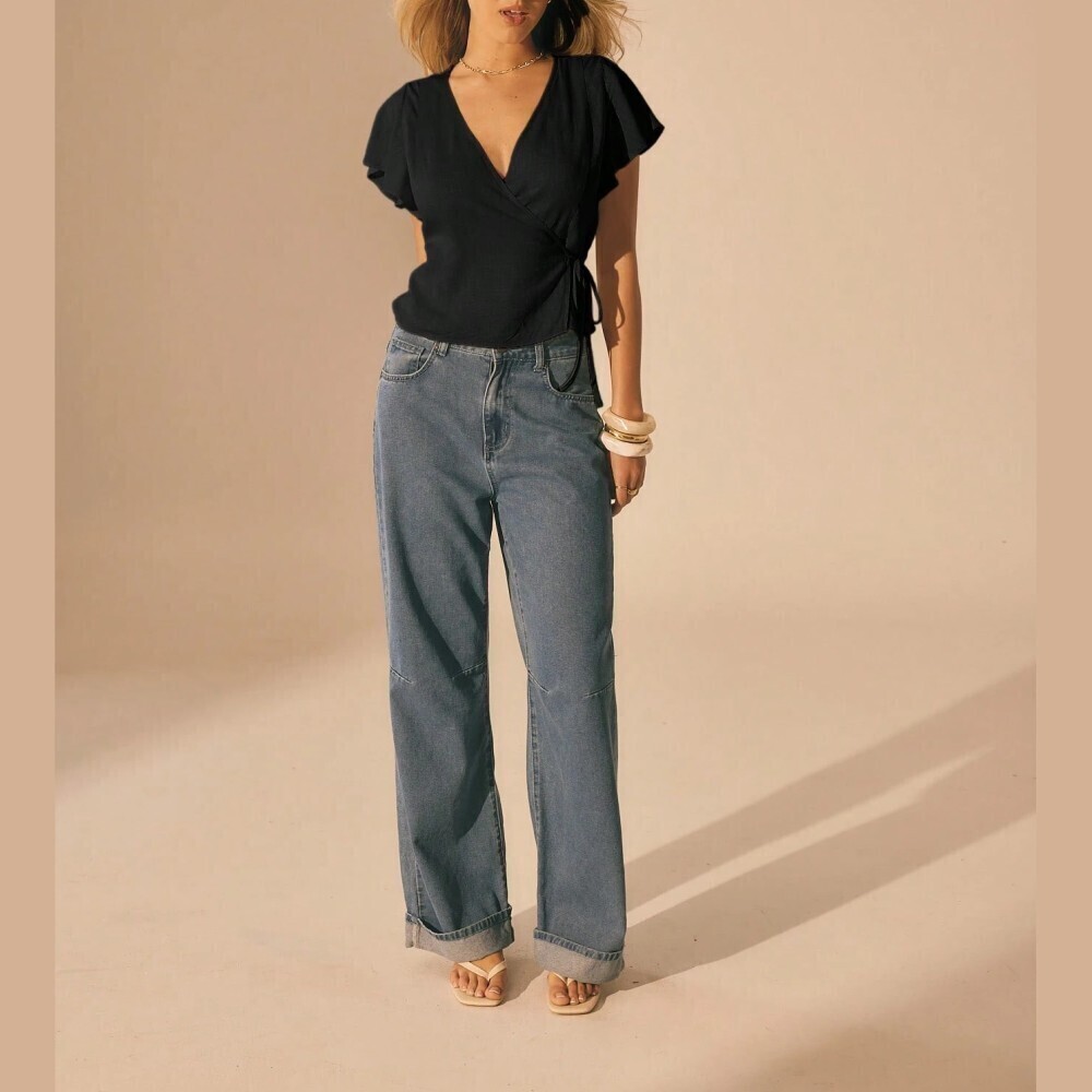 Black Wrap Front Blouse with Flutter Sleeves and Tie Waist - Picture 8 of 10